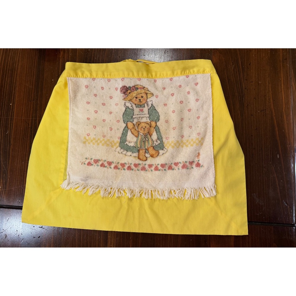 Vintage Yellow Half Apron with Teddy Bear Towel Front Cottagecore Tie Waist